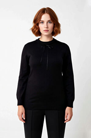 Kadın Dantel Yakalı Kurdele Fiyonk Detaylı Siyah Regular Akrilik Triko Kazak Şık Günlük Stile Uygun