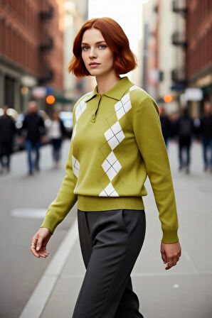 Kadın Baklava Desenli Polo Yaka Regular Kalıp Triko Kazak Kışlık Şıklığın Rahat ve Modern Seçimi