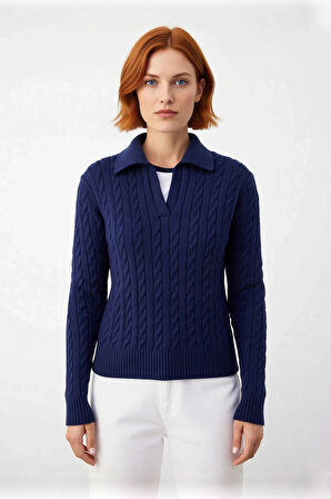 Kadın Regular Kalıp Saç Örgülü Polo Yaka Triko Kazak Kışlık Kombinlerin Vazgeçilmezi İdeal Seçim