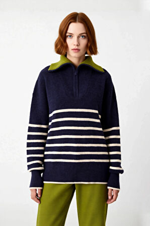 Kadın Oversize Geniş Kalıp Çizgili Yarım Fermuarlı Devrik Yaka Triko Kazak Soğuklara Özel Kaliteli