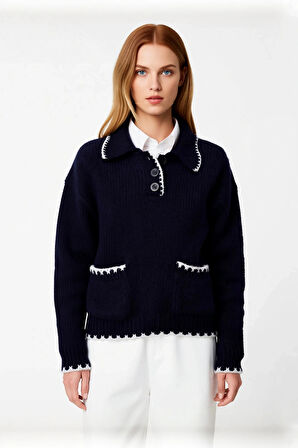 Kadın Oversize Polo Yaka Renk Bloklu Triko Kazak Kışlık Günlük Rahat ve Şık Kombinler İçin İdeal