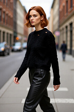 Kadın Oversize Ajurlu Delikli Bisiklet Yaka Düşük Kol Crop Triko Kazak Gündelik Şıklığınızı Tamamlar