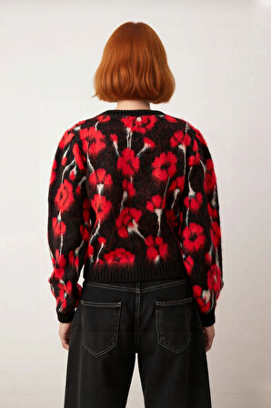 Kadınlara Özel Regular Kalıp Çiçekli Triko Kazak Bisiklet Yaka Düşük Kol Kalın ve Şık Günlük Stile