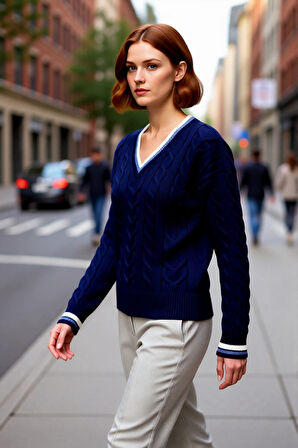 Kadın Kolej Stil Saç Örgülü V Yaka Triko Kazak Regular Kalıp Rahat Şık Günlük Kombinler İçin