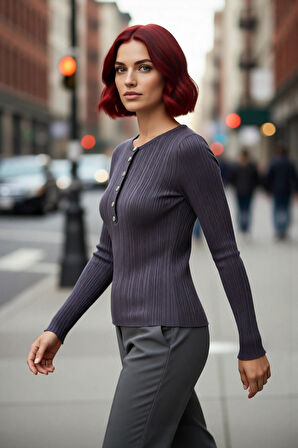 Kadın Fitted Vücuda Oturan Fitilli Bisiklet Yaka Uzun Kollu Triko Kazak İlkbahar Sonbahar Günlük