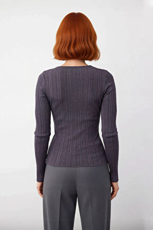 Kadın Fitted Vücuda Oturan Fitilli Bisiklet Yaka Uzun Kollu Triko Kazak İlkbahar Sonbahar Günlük