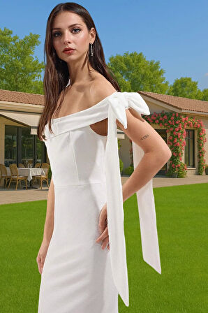 Şık Maxi Örme Abiye Elbise Omuz Fiyonk Detaylı Krep Kumaş Şık Görünüm Modern Stil Konforlu Kesim