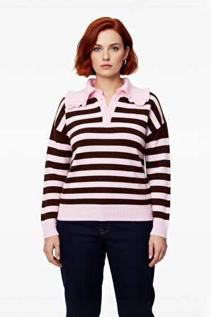 Kadınlar İçin Çizgili Bebe Yaka Triko Kazak Rahat Regular Kalıp Kış Modası Uzun Kollu Stil