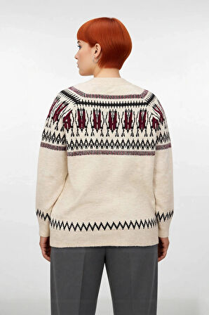 Kadın Geometrik Desenli V Yaka Triko Kazak Kışlık Regular Kalıp Reglan Kol Uzun Boy Rahat Şık