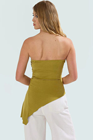 Straplez Viskon Ribana Bluz Asimetrik Kesim Yazlık Seçkin Malzeme Günlük Kullanım İçin