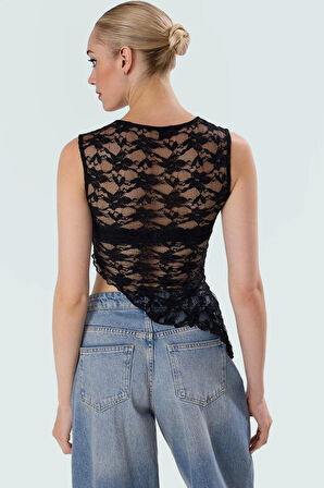 Dantel Asimetrik Örme Bluz Yazlık Şık Fitted Kalıp Zarifane Tasarım Seçkin Malzeme