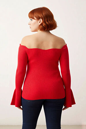 Kadın Şık Fitted Carmen Yaka Fitilli Triko Kazak Düz Desen Uzun Reglan Kol Bodycone Siluet