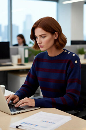 Kadın Regular Kalıp Bisiklet Yaka Düşük Kol Çizgili Omuz Düğme Detaylı Triko Kazak Kışlık Giyim