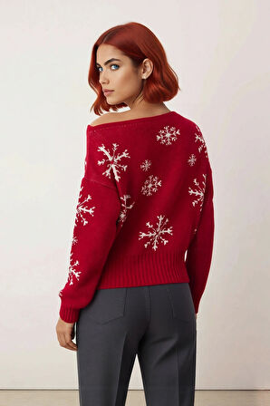 Kadınlar İçin Oversize Kayık Yaka Triko Kar Taneli Kışlık Akrilik Şık Kazak Modeli Kaliteli