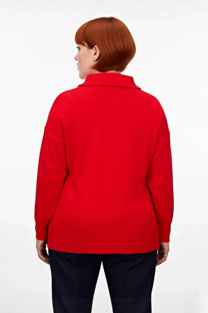 Kadın Kırmızı Regular Kalıp Devrik Yaka Fermuarlı Triko Kazak Düşük Kol ve Düz Desenli Kışlık Şıklık