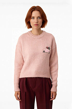 Kadın Yılbaşı Temalı Nakışlı Bisiklet Yaka Düşük Kol Crop Boy Orta Kalın Triko Kazak Kaliteli