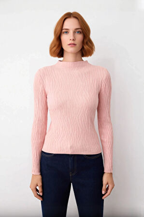 Kadın İnce Triko Dokulu Desen Fitted Kalıp Dik Yaka Standart Kollu Uzun Regular Boy