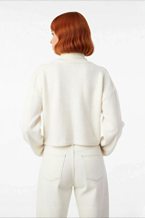 Kadın Oversize Balıkçı Yaka Düşük Kol Süper Crop Triko Kazak Kış Ve Sonbahar İçin İdeal Günlük