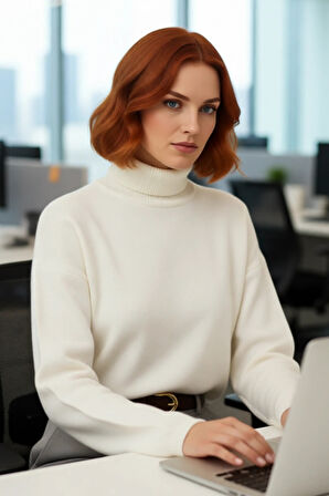 Kadın Oversize Balıkçı Yaka Düşük Kol Süper Crop Triko Kazak Kış Ve Sonbahar İçin İdeal Günlük