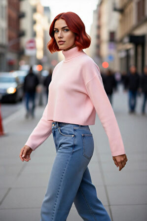 Kadın Oversize Balıkçı Yaka Düşük Kol Süper Crop Triko Kazak Kış Ve Sonbahar İçin İdeal Günlük