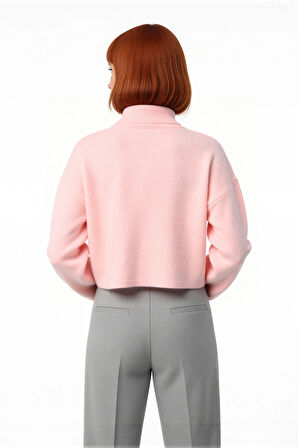 Kadın Oversize Balıkçı Yaka Düşük Kol Süper Crop Triko Kazak Kış Ve Sonbahar İçin İdeal Günlük