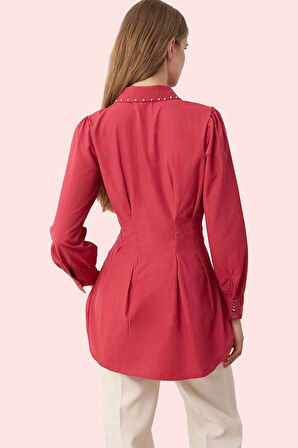 Kadın Dokuma Gömlek İncili Detay Belden Oturan Uzun Kol Günlük Hafta Sonu Kaliteli Malzeme