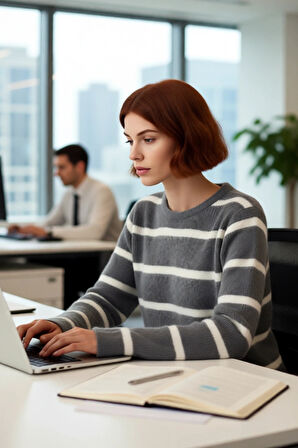 Kadınlar İçin Çizgili Triko Bisiklet Yaka Düşük Kol Regular Kalıp Kışlık Tesettür Kazak Rahatlık