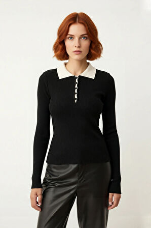 Kadın Fitted Polo Yaka Uzun Kollu Triko Kazak Fitilli Desenli Şık Günlük Modern Kışlık Tasarım