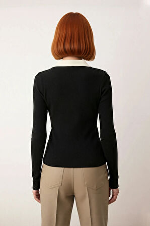 Kadın Fitted Polo Yaka Uzun Kollu Triko Kazak Fitilli Desenli Şık Günlük Modern Kışlık Tasarım