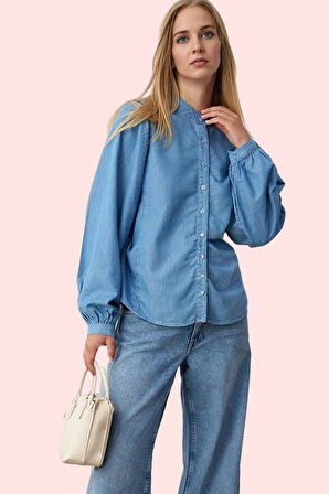 Kadın Denim Gömlek Hakim Yaka Balon Kol Kısa Kollu Oversize Günlük Yaz Aylarının Vazgeçilmezi