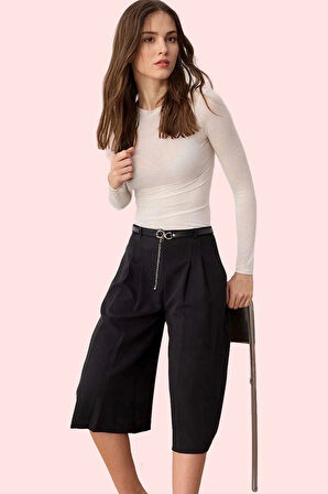 Kadın Yüksek Bel Geniş Paça Kapri Şort Finike Dokuma Günlük Şıklık Yaz Aylarının Vazgeçilmezi