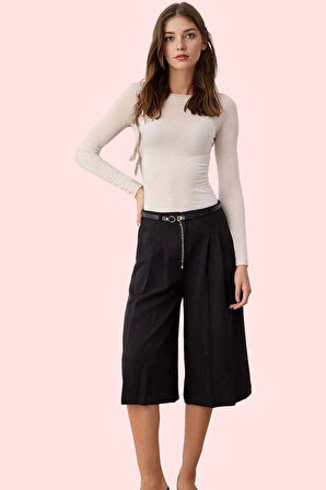 Kadın Yüksek Bel Geniş Paça Kapri Şort Finike Dokuma Günlük Şıklık Yaz Aylarının Vazgeçilmezi