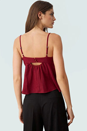 Kadın Keten Görünümlü Fiyonklu Askılı Bluz Rahat Yazlık Günlük Tarz Özenle Seçilmiş Yüksek Kalite