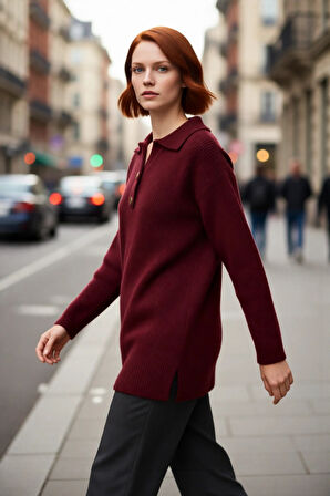 Kadın Polo Yaka Selanik Triko Kazak Kışlık Rahat Düşük Kollu Regular Kalıp Günlük Şıklık İçin