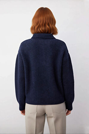 Kadın Lacivert Oversize Geniş Kalıp Polo Yaka Triko Kazak Kış Günleri İçin İdeal Günlük Kombin