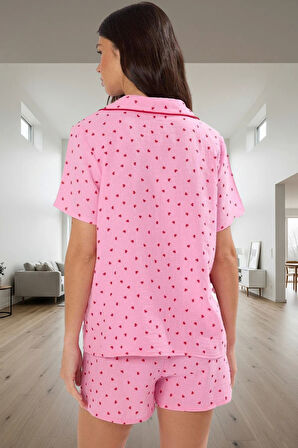 Kadın Kısa Kollu Pamuklu Pijama Takımı Kalpli Desenli Rahat Ev Giyim Mükemmel Uyum