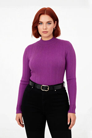 Kadın Mor Fitilli Dik Yaka Uzun Kol Triko Kazak Kış ve Sonbahar Şıklığınıza Zarif Dokunuş Katıyor.