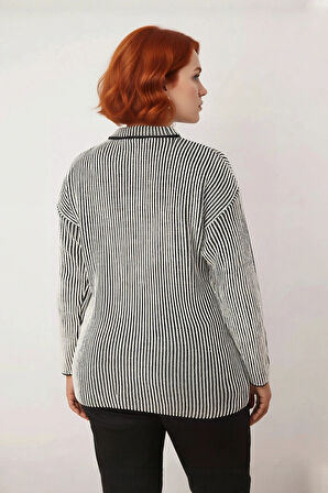 Kadınlara Özel Regular Fit Fitilli Çizgili Bisiklet Yaka Uzun Kollu Triko Kazak Kış Sezonu İçin