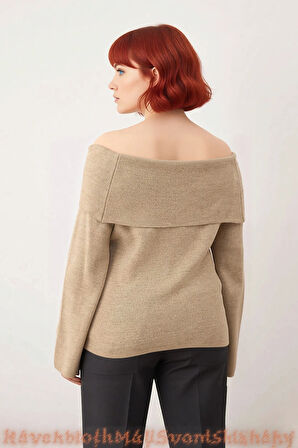 Kadın Carmen Yaka Fitted Triko Kazak Uzun Kollu Düz Desenli Zarif Çiçek Detaylı Şık Kışlık