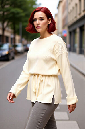 Kadın Relaxed Kalıp Beli Kuşaklı Bisiklet Yaka Uzun Düz Fitilli Triko Kazak Günlük Kullanım İçin