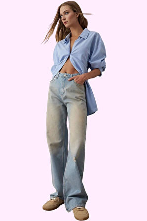 Kadın Yüksek Bel Geniş Paça Denim Jean Pantolon Pamuk Günlük Stil Yaz Aylarının Vazgeçilmezi