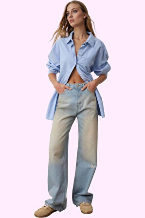 Kadın Yüksek Bel Geniş Paça Denim Jean Pantolon Pamuk Günlük Stil Yaz Aylarının Vazgeçilmezi