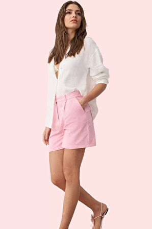 Kadın Çizgili Keten Karışımlı City Boy Şort Yüksek Bel Günlük Kullanım Yaz Aylarının Vazgeçilmezi