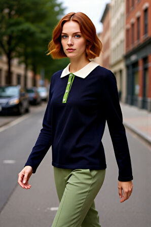 Kadın Lacivert Renk Bloklu Polo Yaka Taş Düğmeli Triko Kazak Kış Sezonu İçin Şık Ve Konforlu Bir