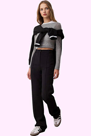 Kadın Yüksek Bel Geniş Paça Straight Pantolon Günlük Kombinler Hafta Sonu Kaliteli Malzeme