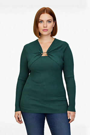 Kadın Fitted Kalıp Fitilli Triko Kazak Özel İplik Aksesuar Detaylı V Yaka Şık Tasarım Kaliteli