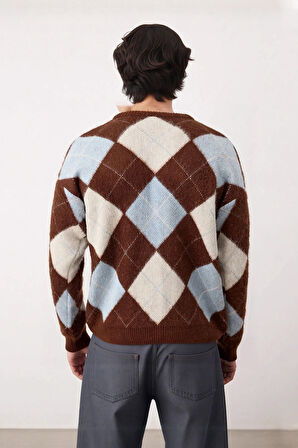 Erkek Regular Kesim Kışlık Bisiklet Yaka Ekose Desen Triko Kazak Soğuk Havalar İçin İdeal Şık ve