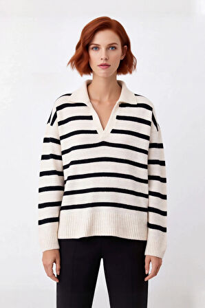 Kadın Oversize Polo Yaka Çizgili Triko Kazak Rahat Dokusuyla Kış Sonbahar Kombinlerinin Vazgeçilmezi