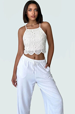 Yazlık Kroşe Detaylı Pamuklu Crop Bluz Rahat Günlük Stil Konforlu Kesim Dayanıklı Malzeme