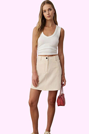 Kadın Mini Kloş Etek Yüksek Bel A line Gabardin Pamuklu Yazlık Günlük Kullanım Özel Günler